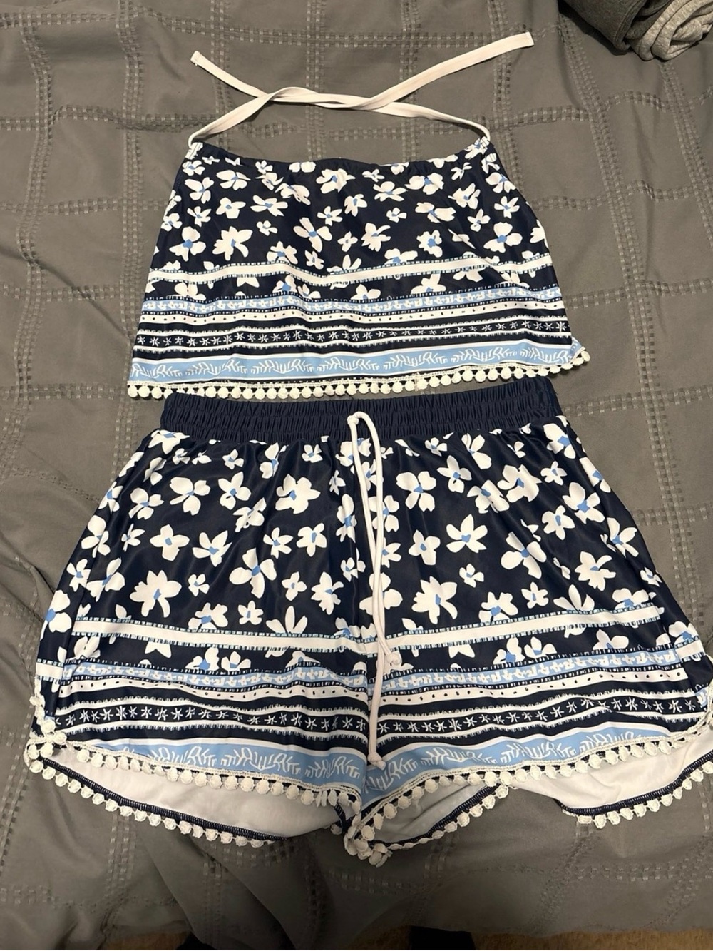 Navy Floral Two-Piece Tank and Shorts Set with Pom Trim — Please Read!!